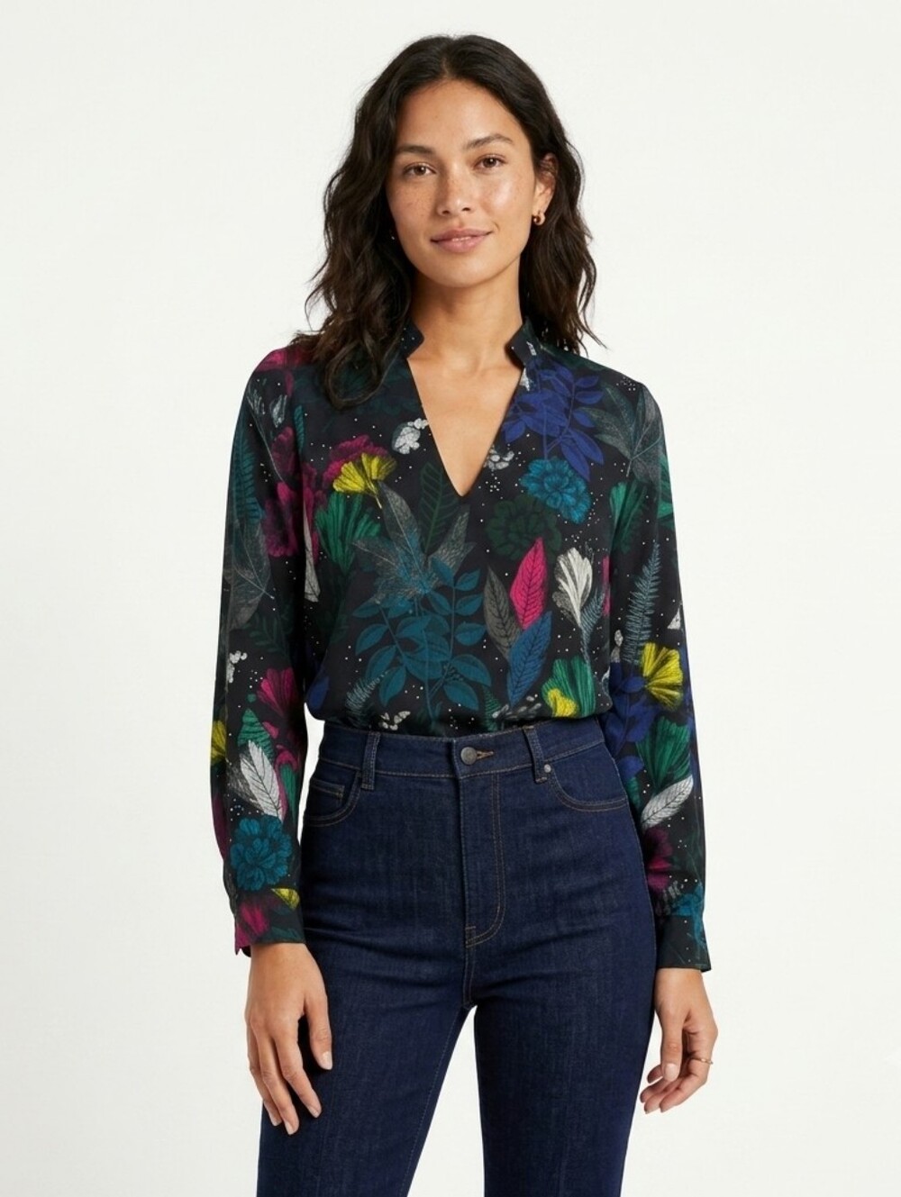 Vilagallo Silk Stretch V-Neck Blouse Dark Botanical Celestial Bat Print Top - 38 - Picture 1 of 11